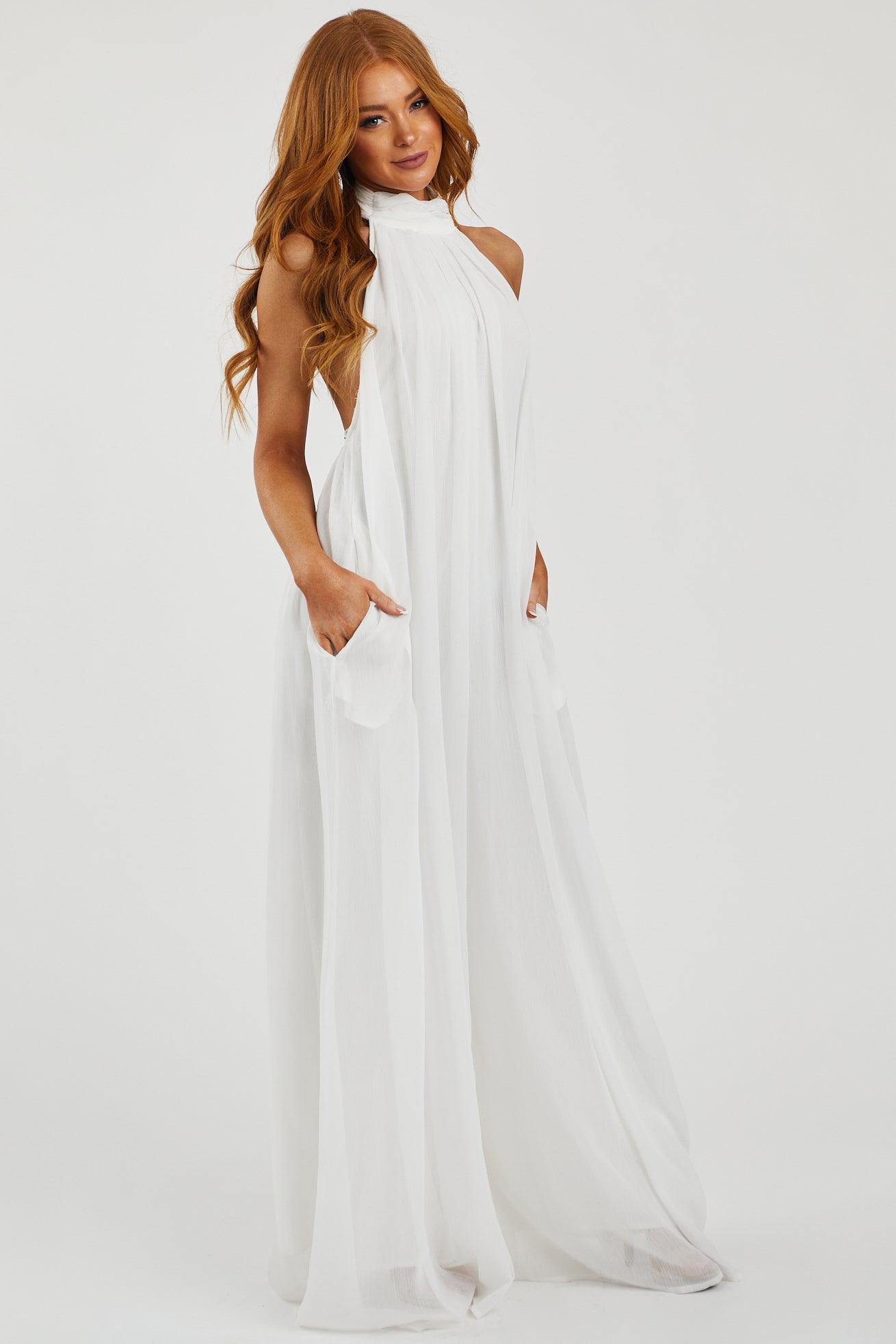 Off White Lined Chiffon Wide Leg Halter Jumpsuit