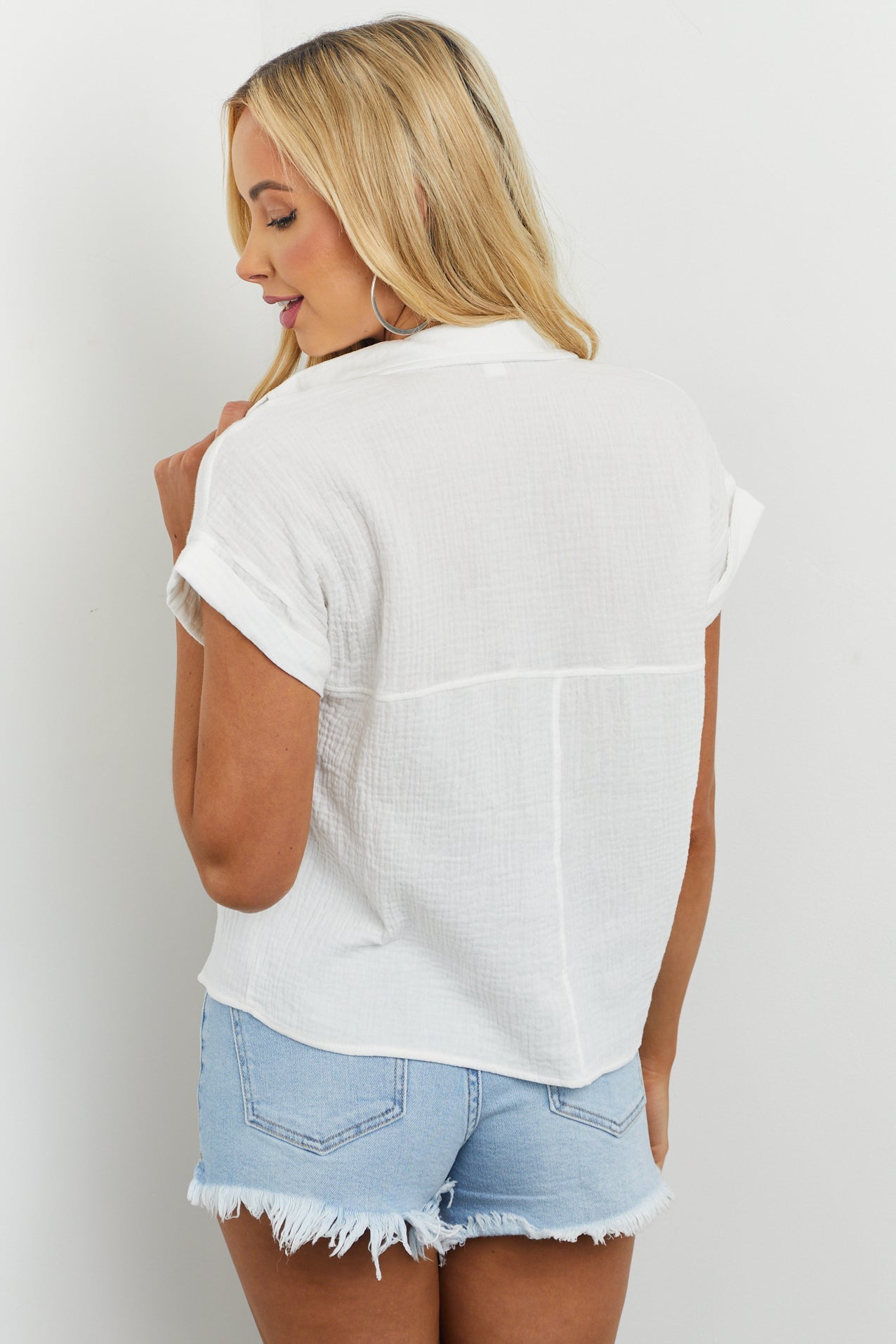 Off White Linen Textured Button Up Woven Top