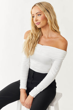 Off White Long Sleeve Off Shoulder Ruched Bodysuit