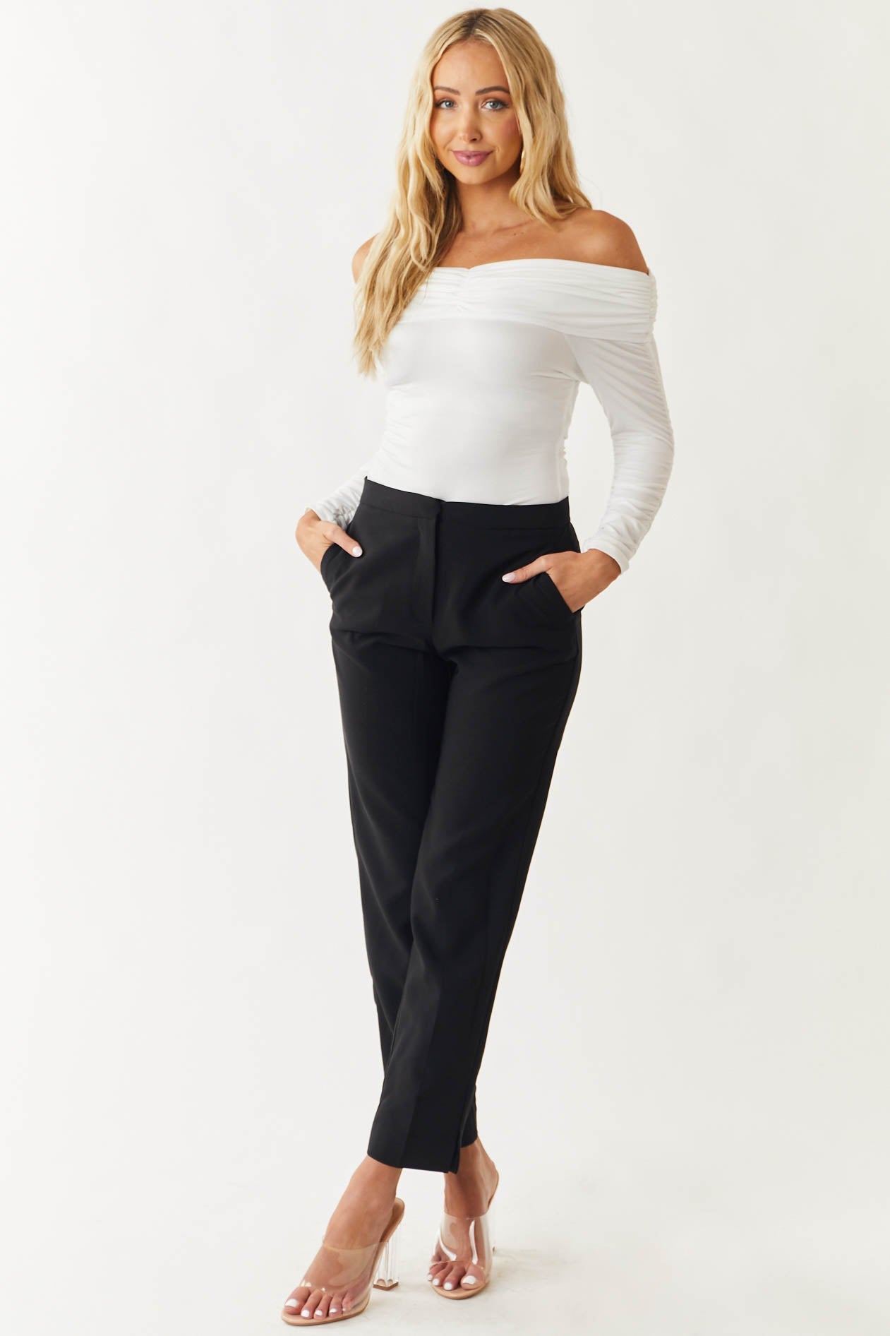 Off White Long Sleeve Off Shoulder Ruched Bodysuit