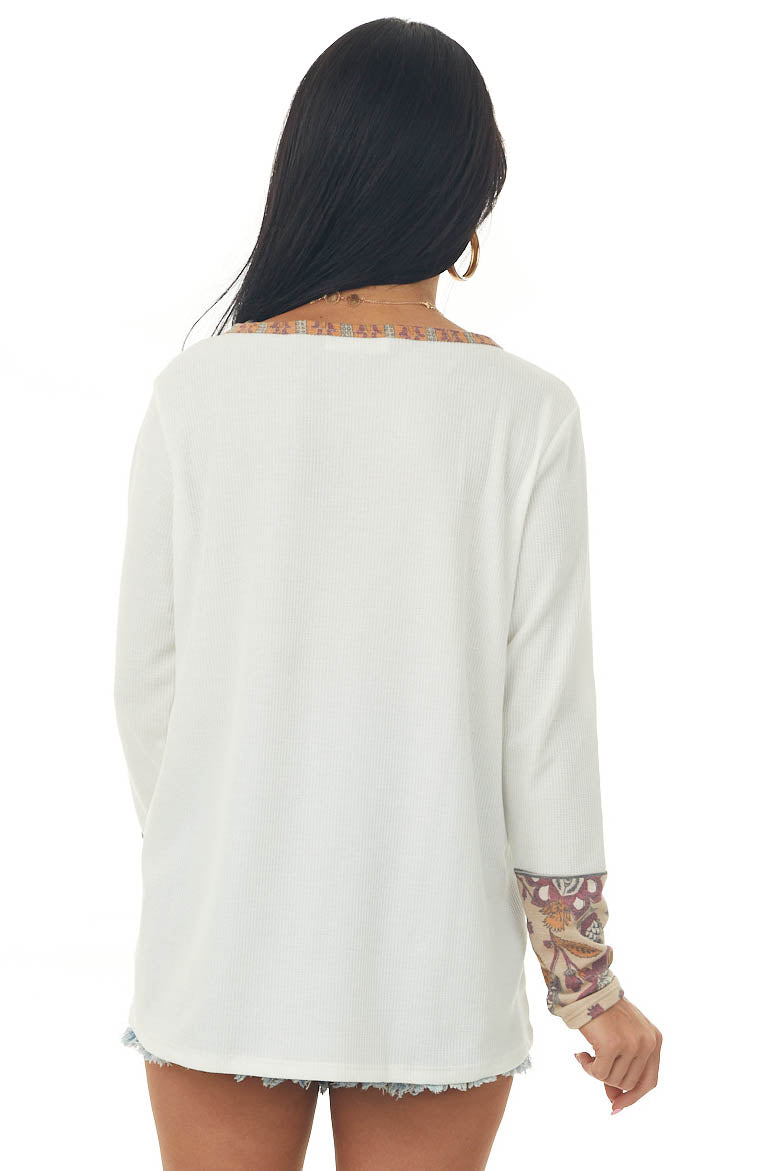 Off White Long Sleeve Top with Floral Print Contrast
