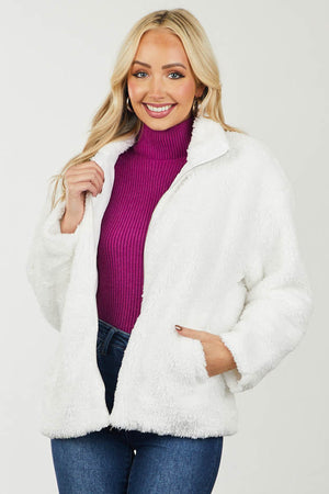 Off White Long Sleeve Zip Up Soft Sherpa Jacket