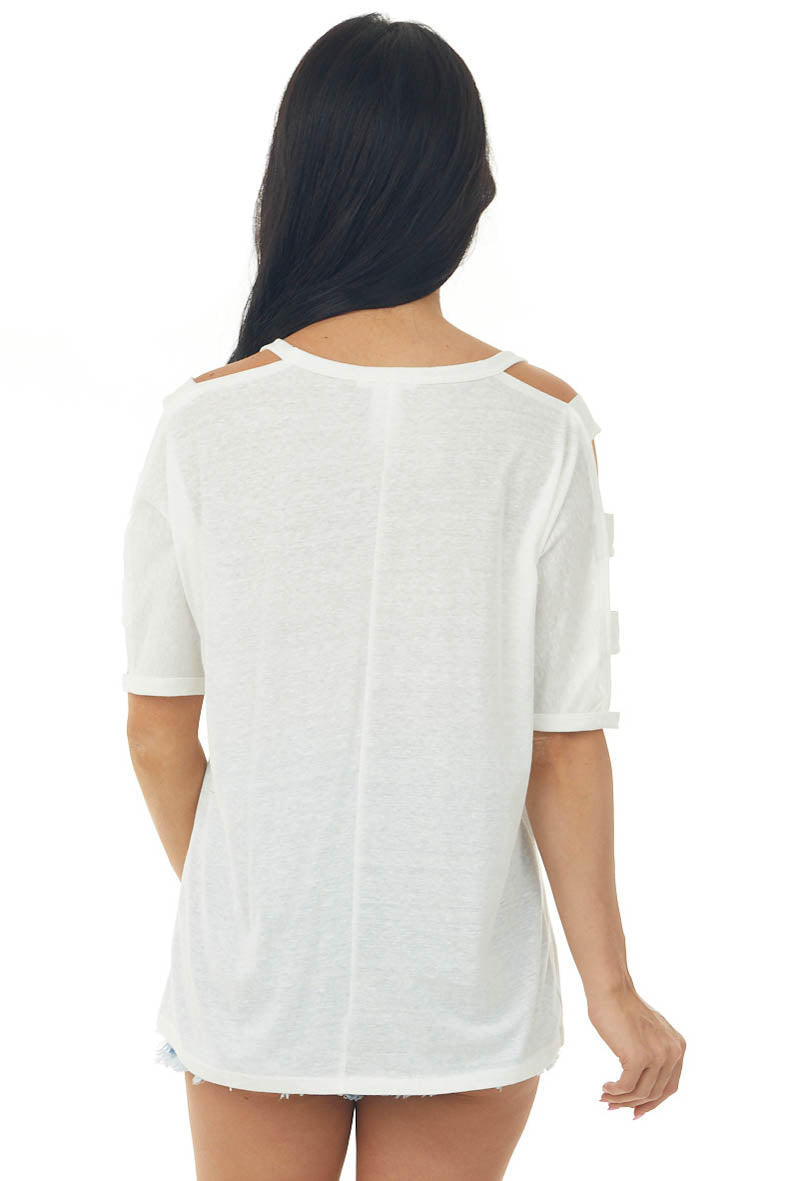 Off White Melange Ladder Cut Out Sleeve Tee