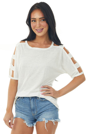 Off White Melange Ladder Cut Out Sleeve Tee