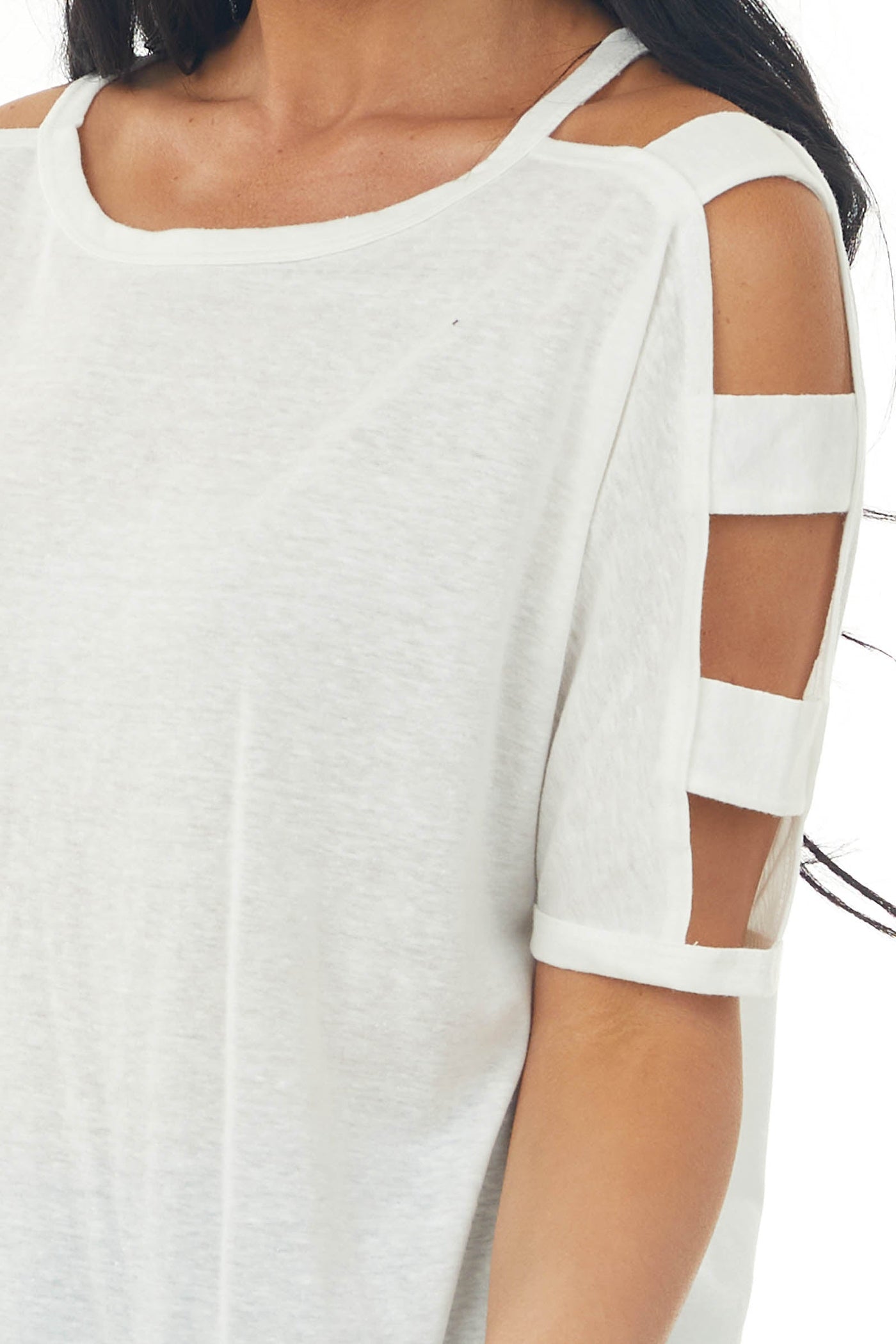 Off White Melange Ladder Cut Out Sleeve Tee