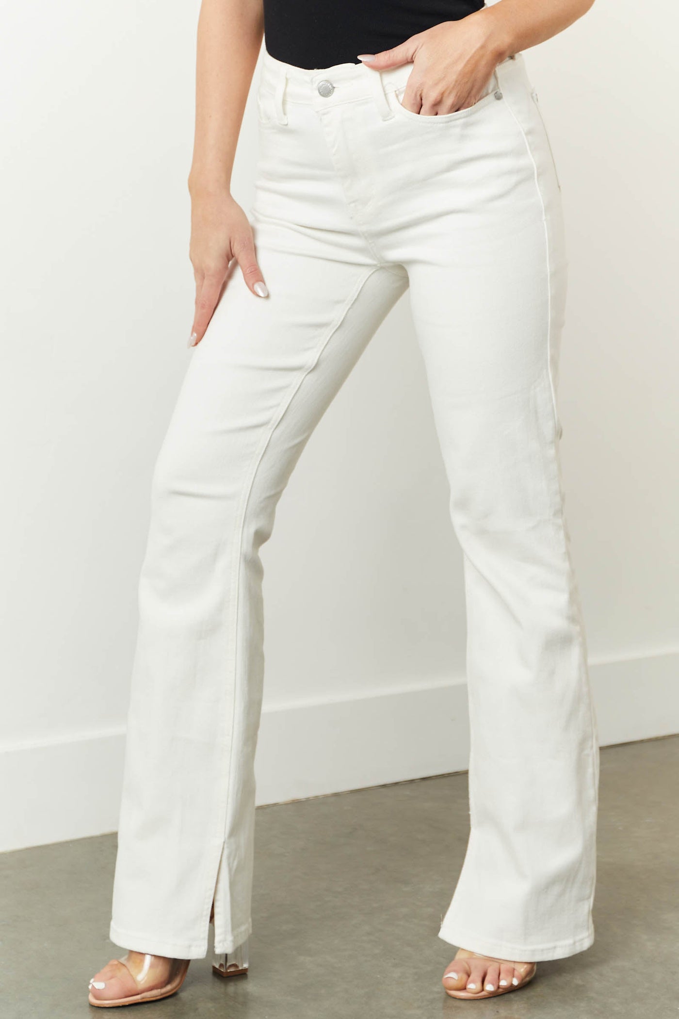 Off White Mid Rise Bootcut Jeans with Side Slits