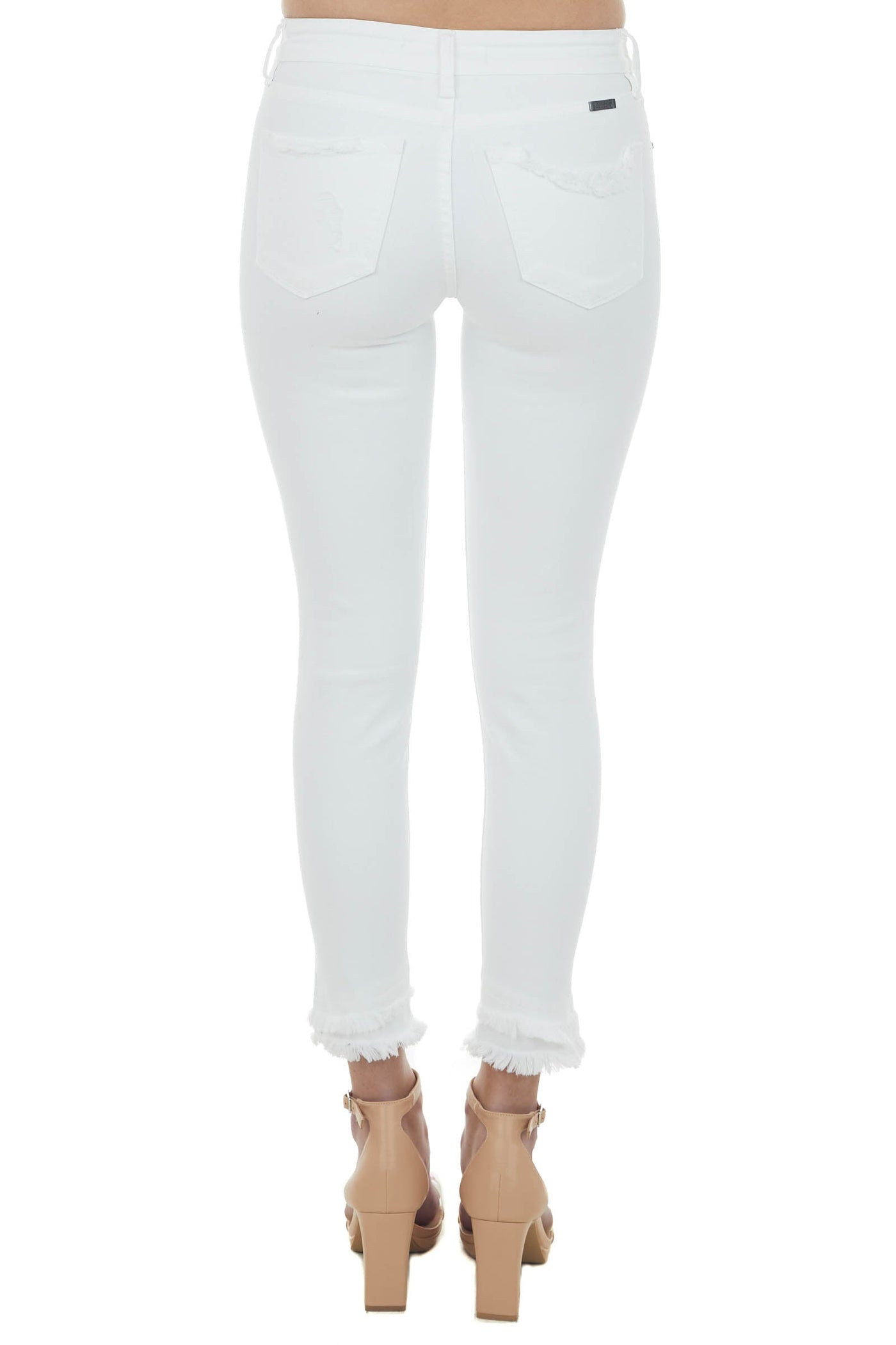 Off White Mid Rise Frayed Ankle Skinny Jeans