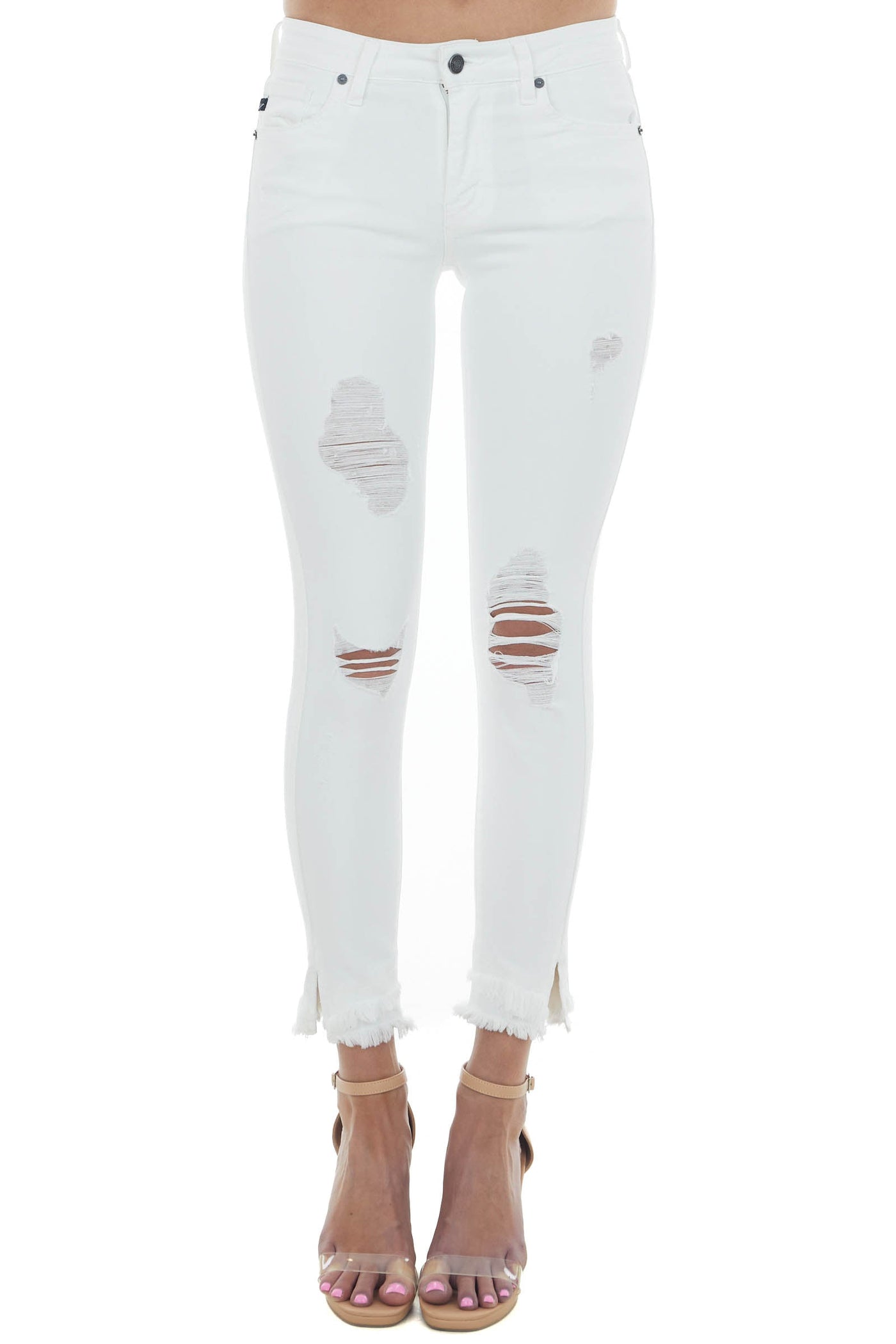 Off White Mid Rise Frayed Ankle Skinny Jeans