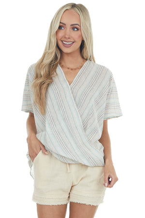 Off White Multicolor Striped Surplice Top with Short Sleeves