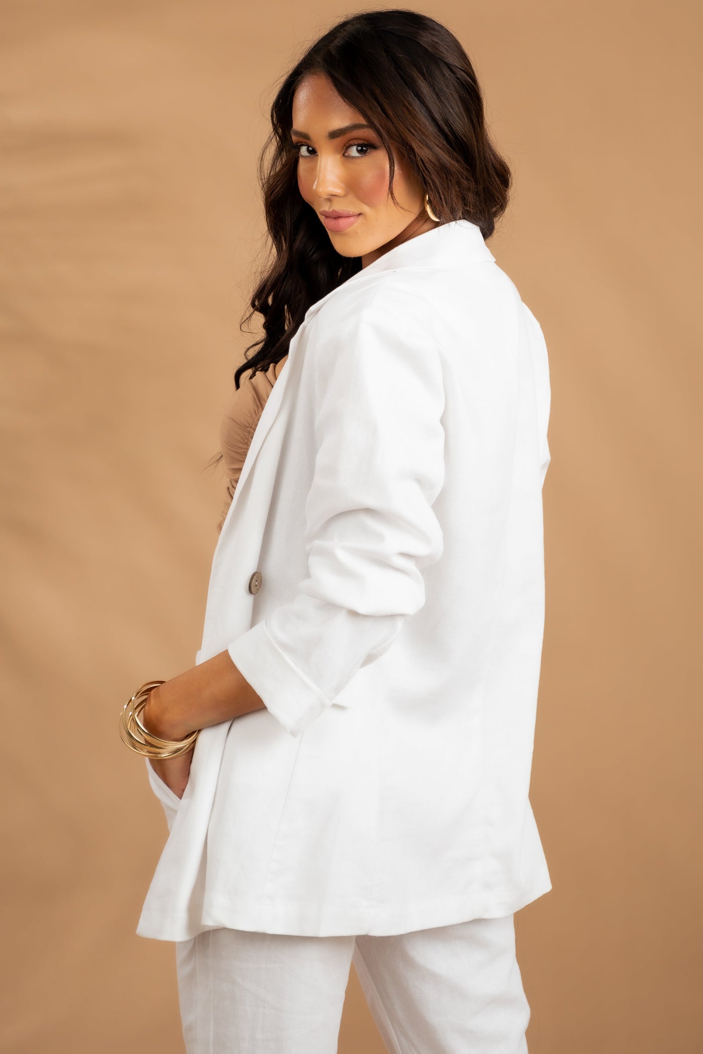 Off White Open Front Collared Woven Linen Blazer