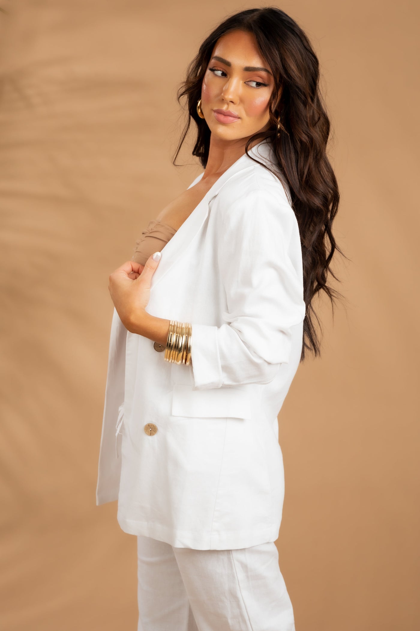 Off White Open Front Collared Woven Linen Blazer