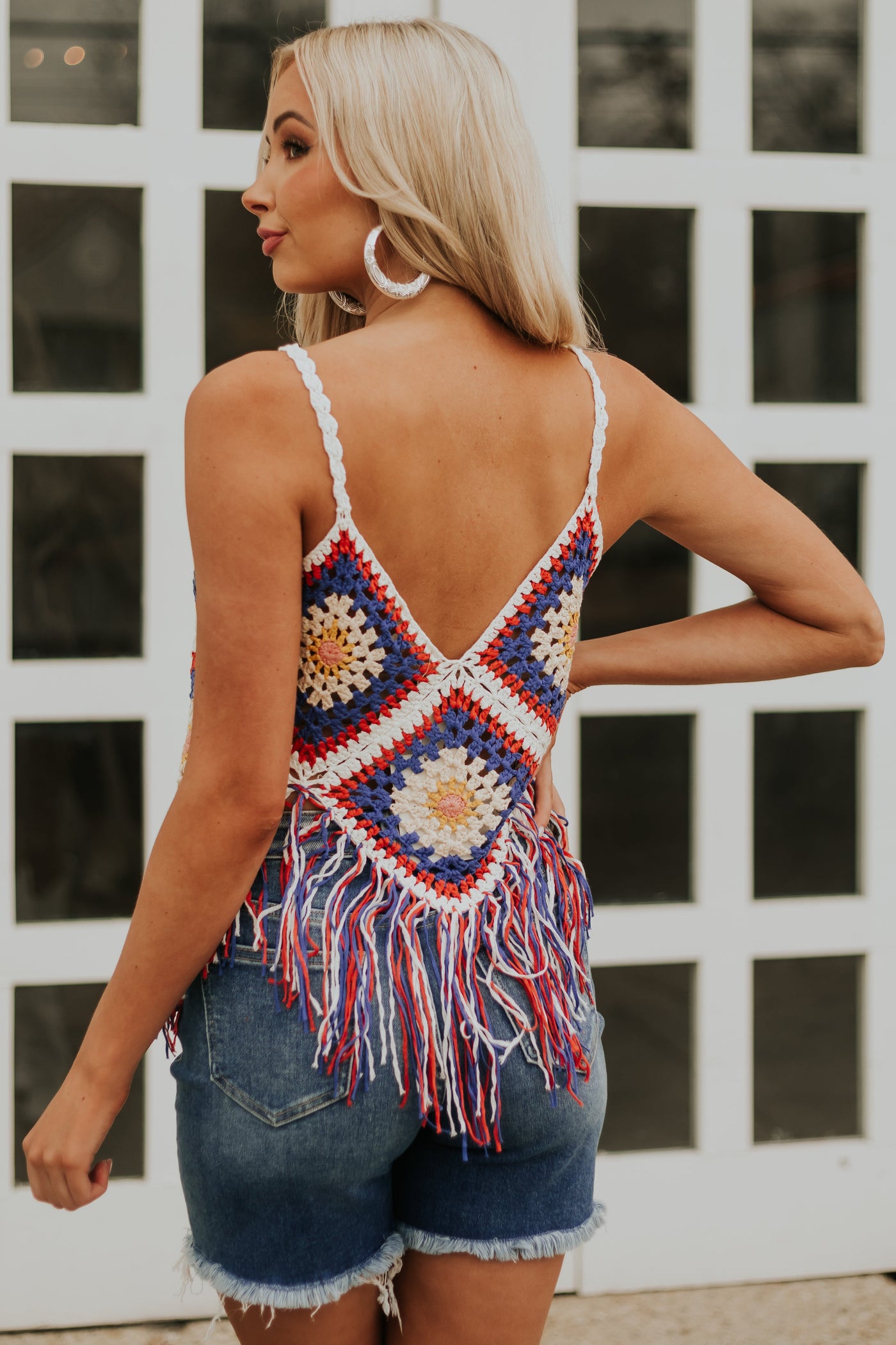 Off White Patchwork Crochet Tank Top with Fringe