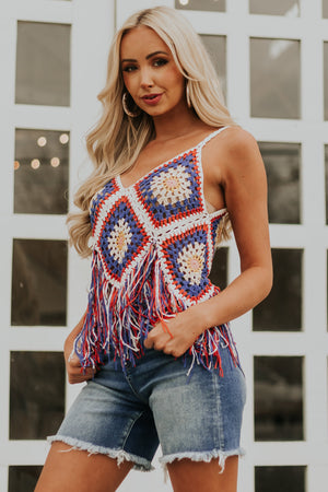 Off White Patchwork Crochet Tank Top with Fringe