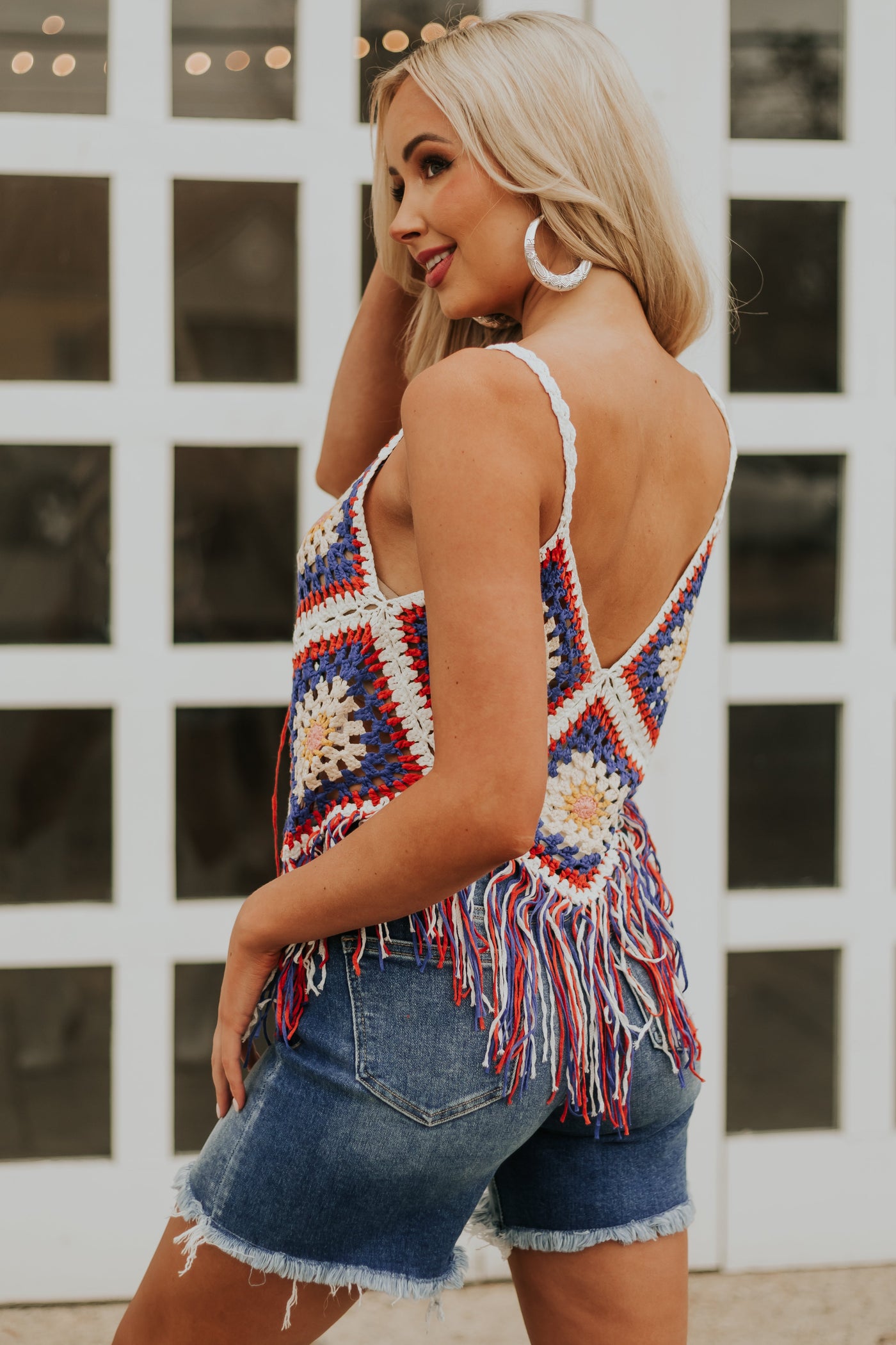 Off White Patchwork Crochet Tank Top with Fringe