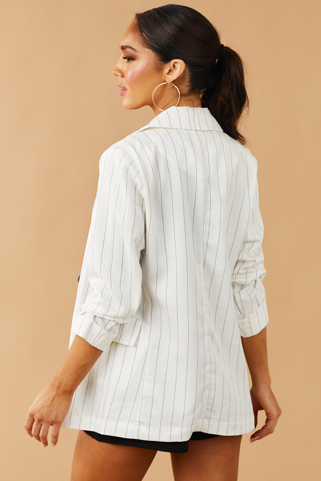 Off White Pinstripe Open Front Woven Blazer