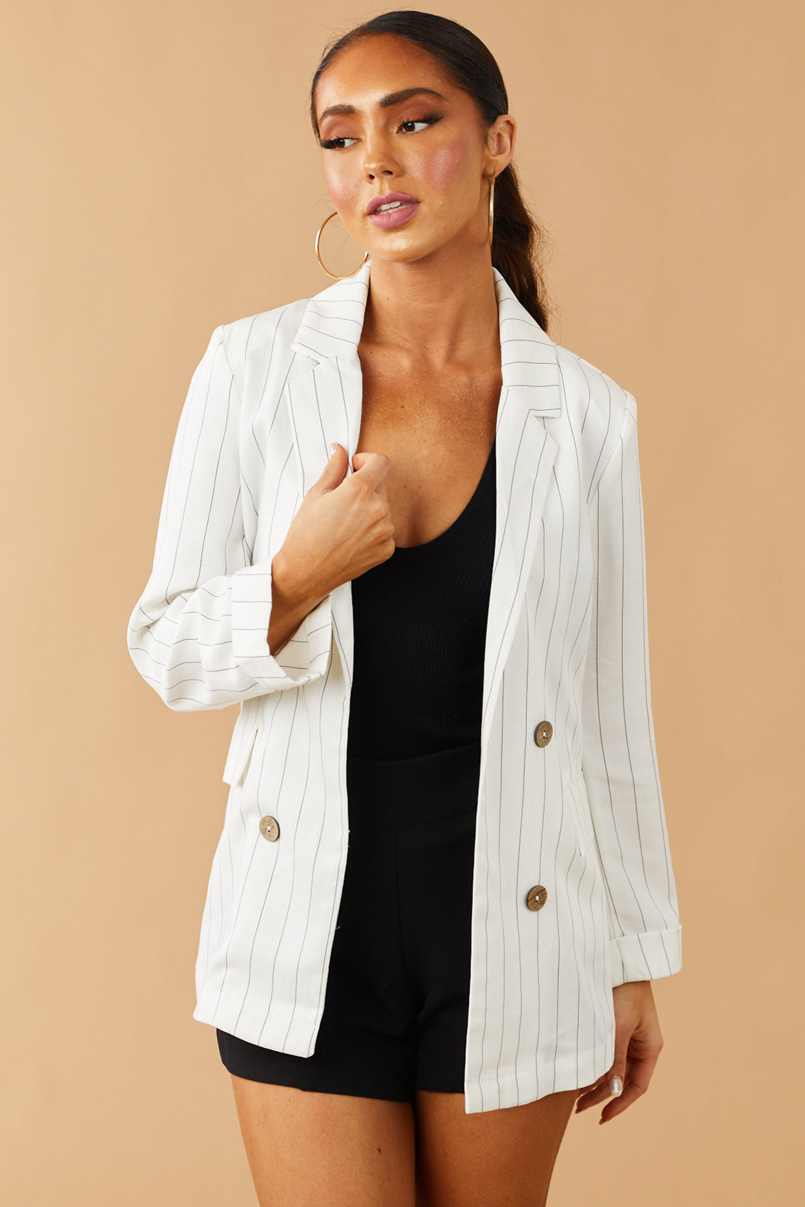 Off White Pinstripe Open Front Woven Blazer