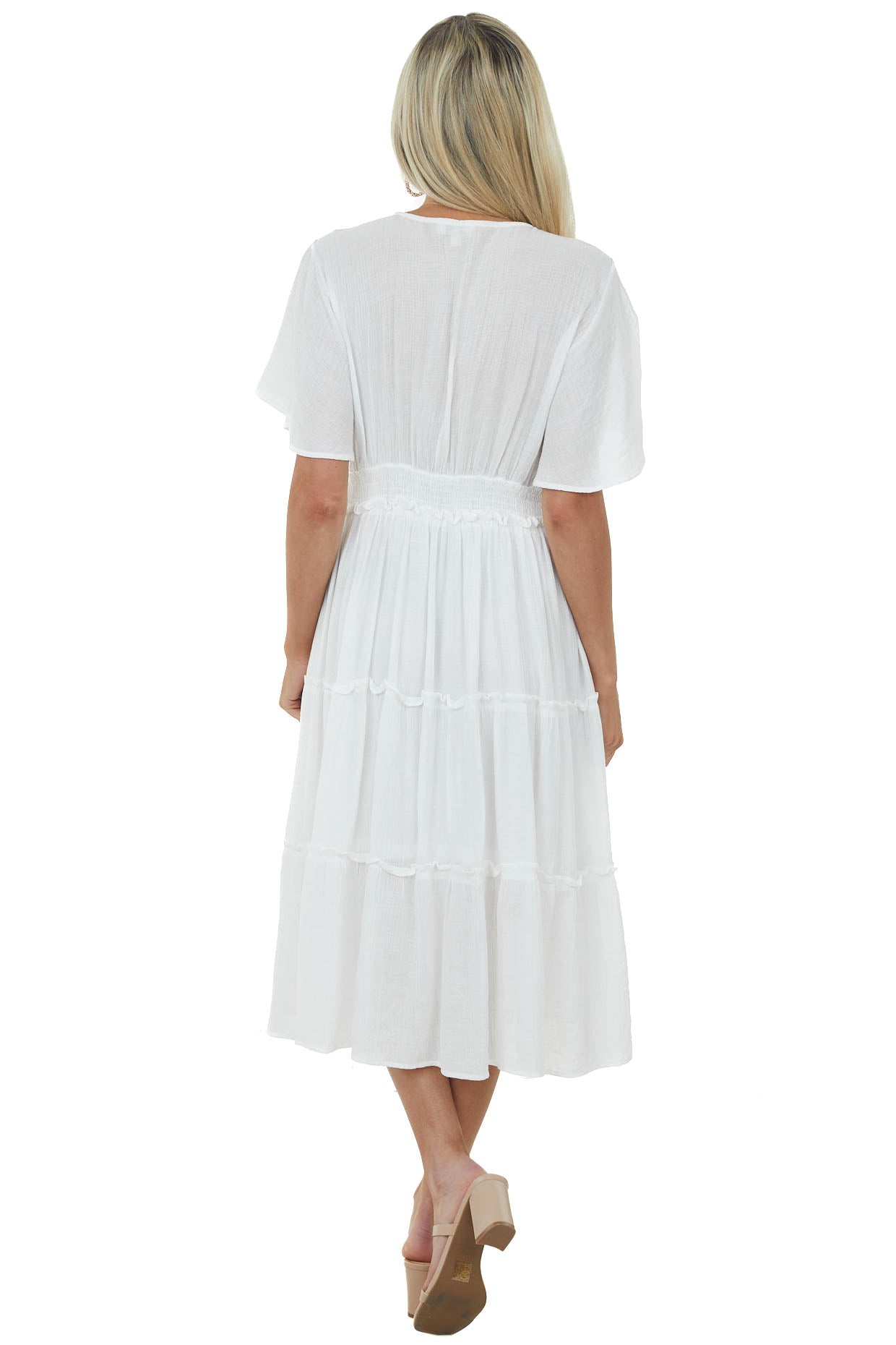 Off White Plunge Neck Tiered Midi Dress
