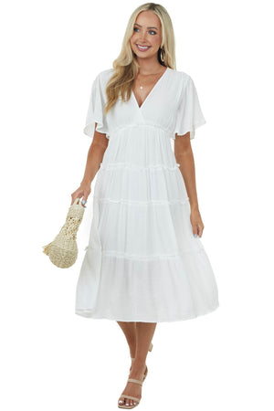 Off White Plunge Neck Tiered Midi Dress