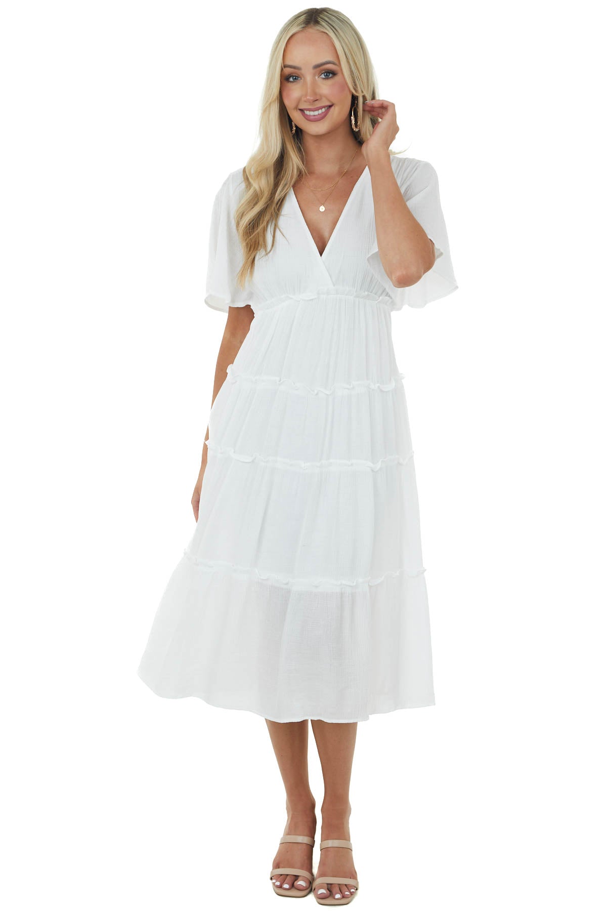 Off White Plunge Neck Tiered Midi Dress