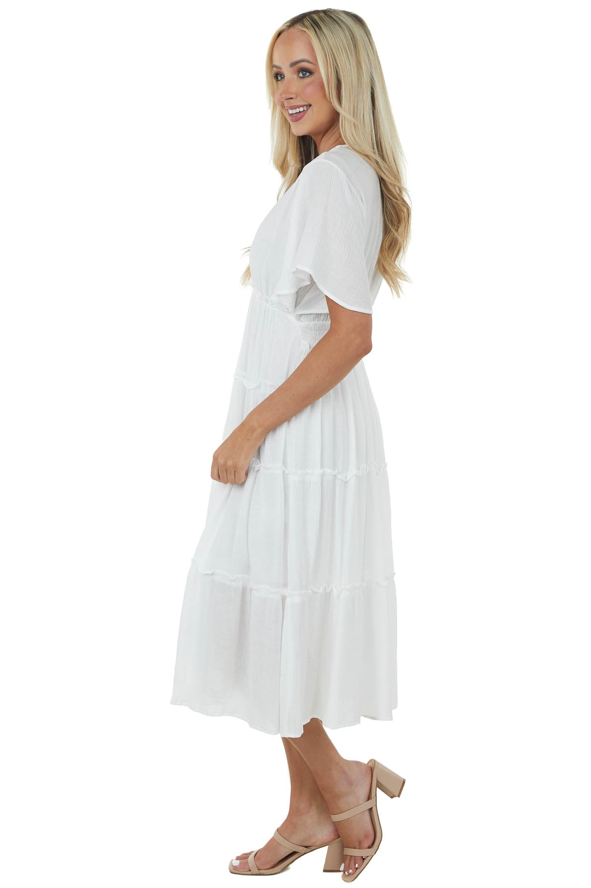 Off White Plunge Neck Tiered Midi Dress