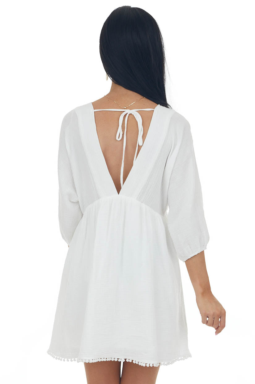 Off White Plunging V Neck Babydoll Mini Dress