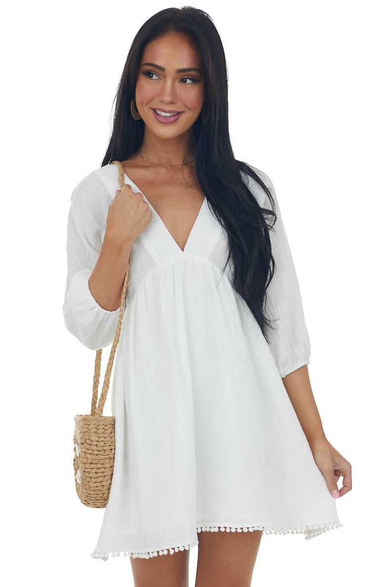 Off White Plunging V Neck Babydoll Mini Dress