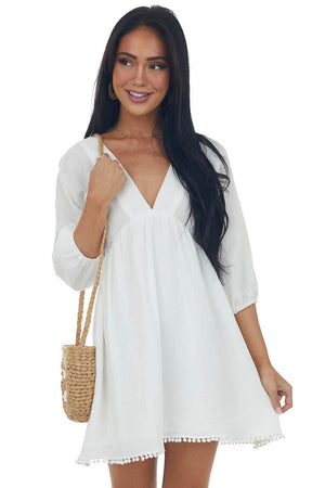 Off White Plunging V Neck Babydoll Mini Dress