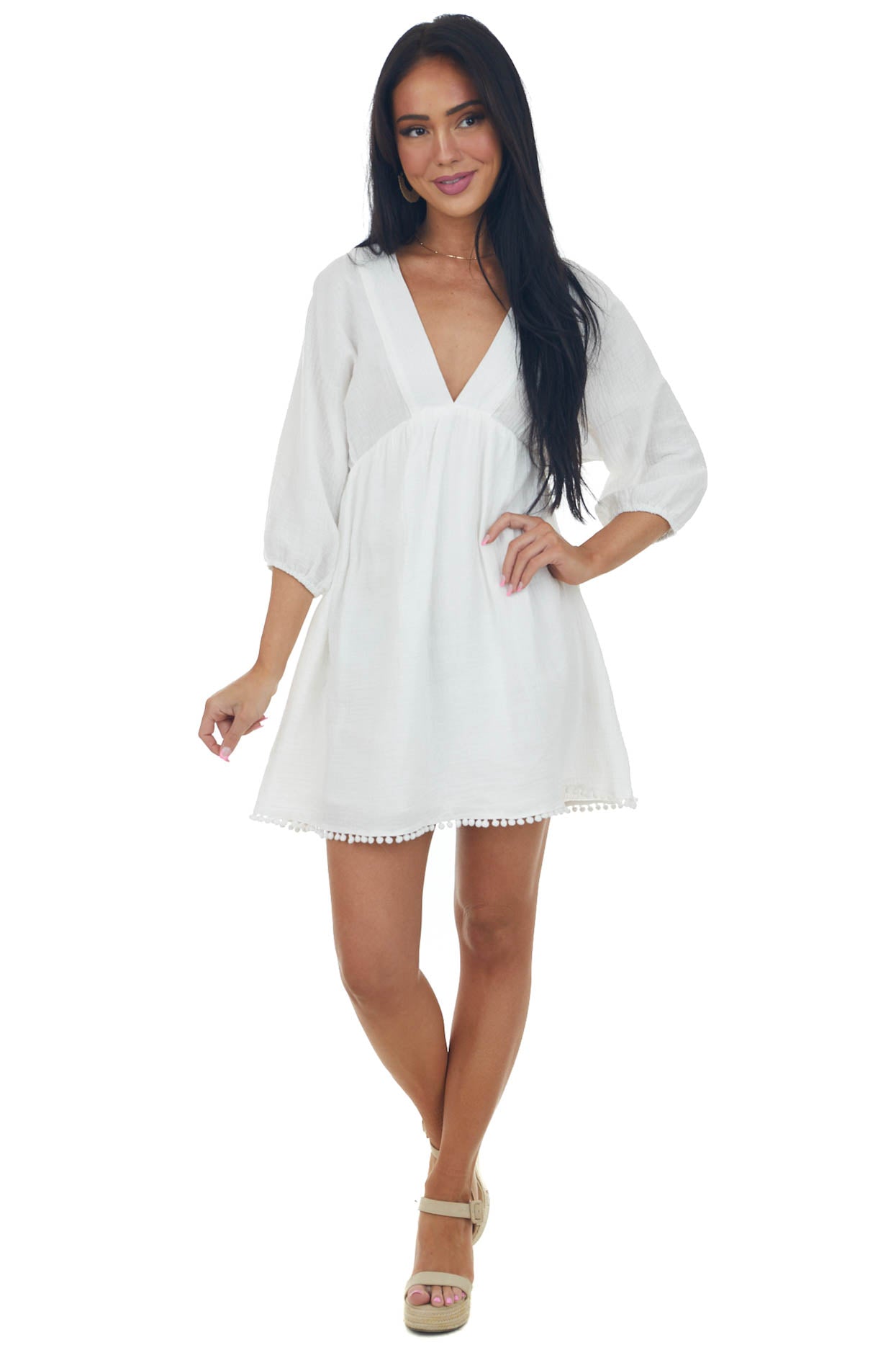Off White Plunging V Neck Babydoll Mini Dress
