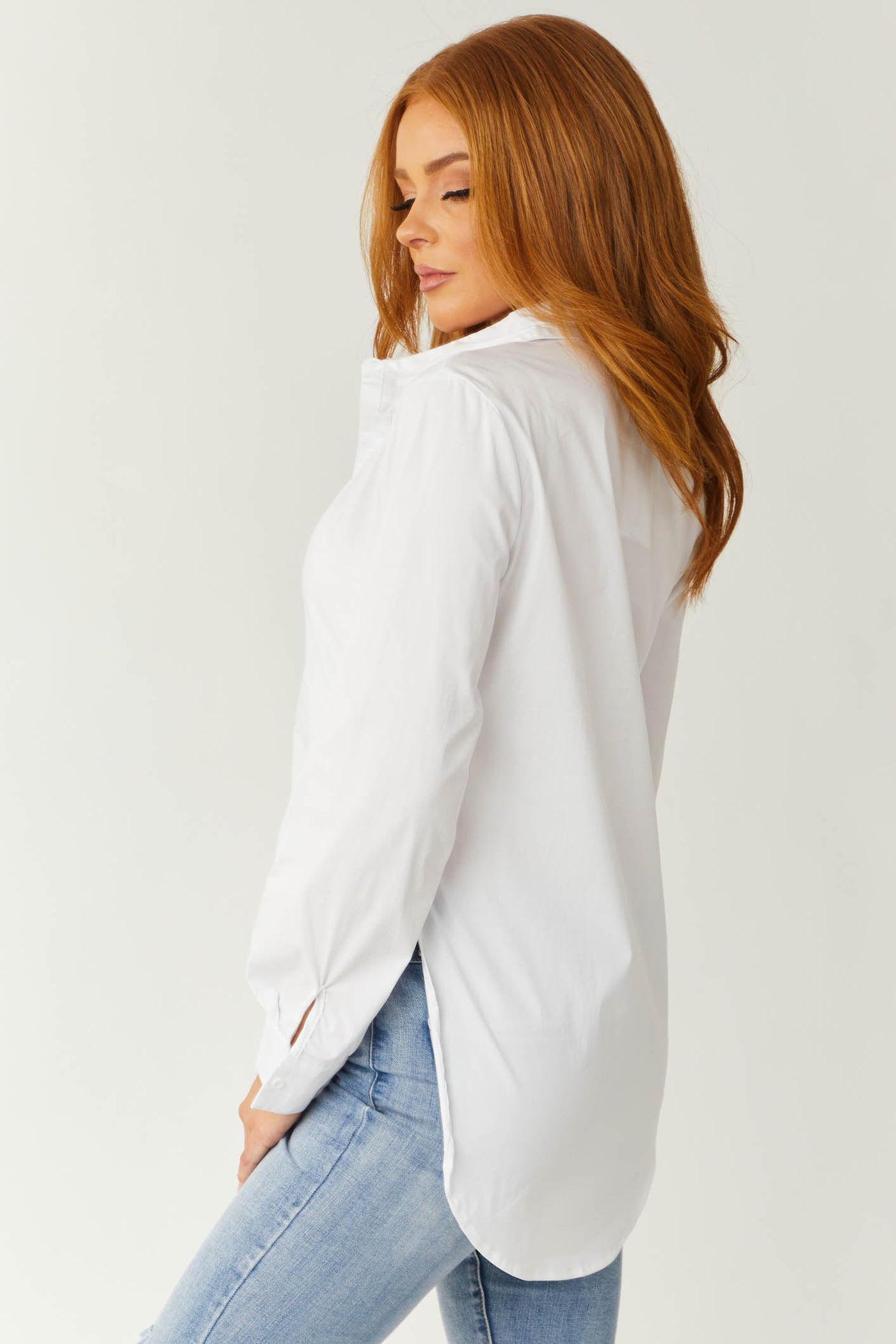 Off White Poplin Button Up Collared Tunic Blouse