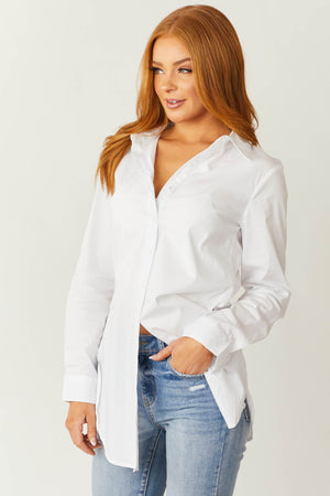 Off White Poplin Button Up Collared Tunic Blouse