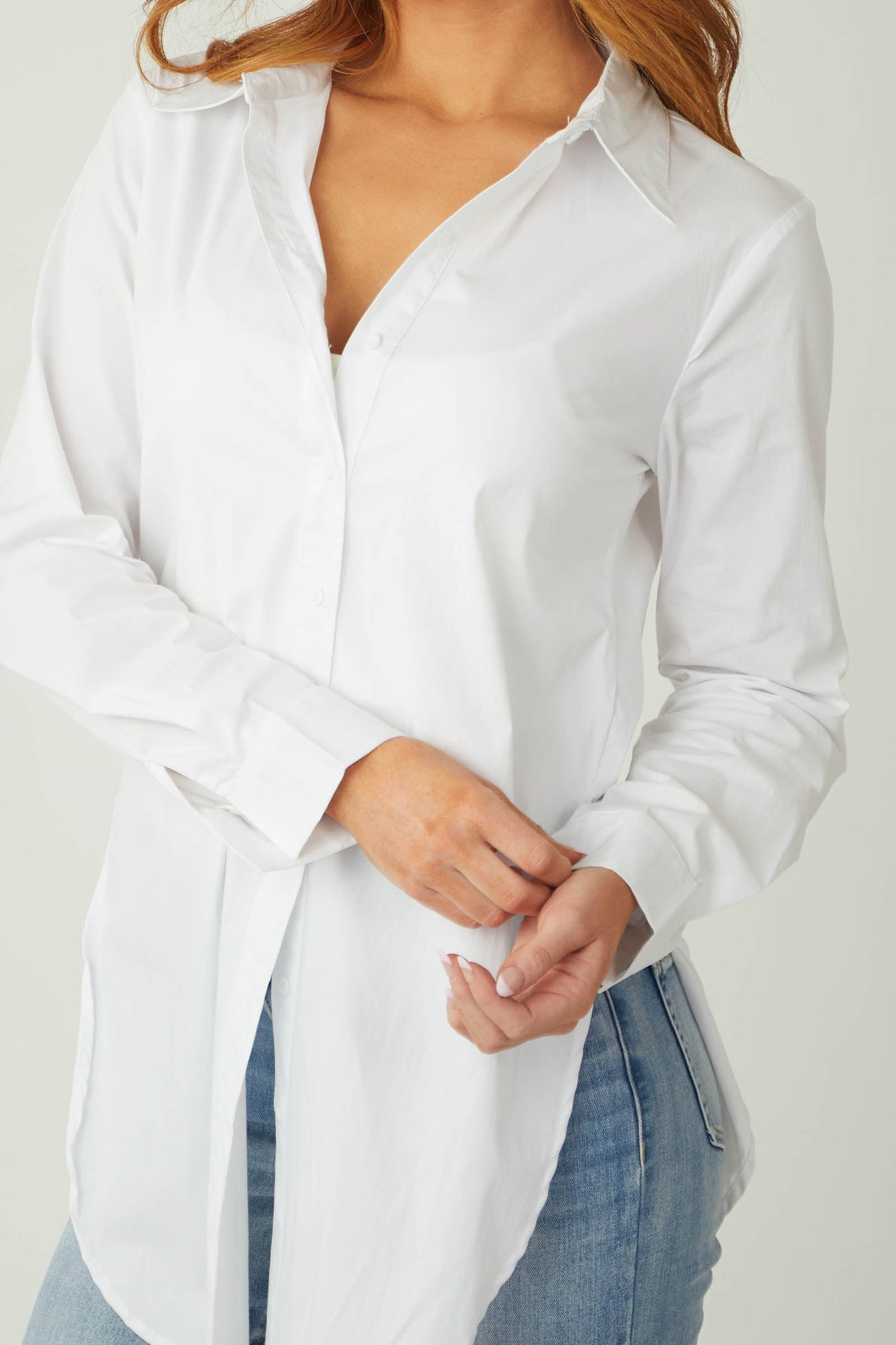 Off White Poplin Button Up Collared Tunic Blouse