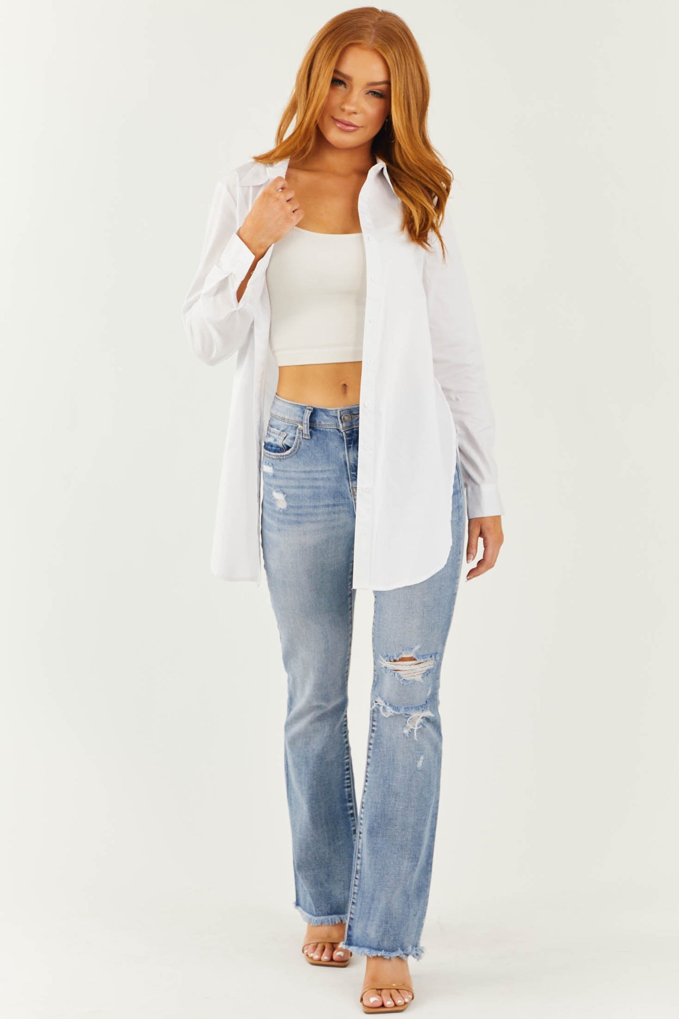 Off White Poplin Button Up Collared Tunic Blouse