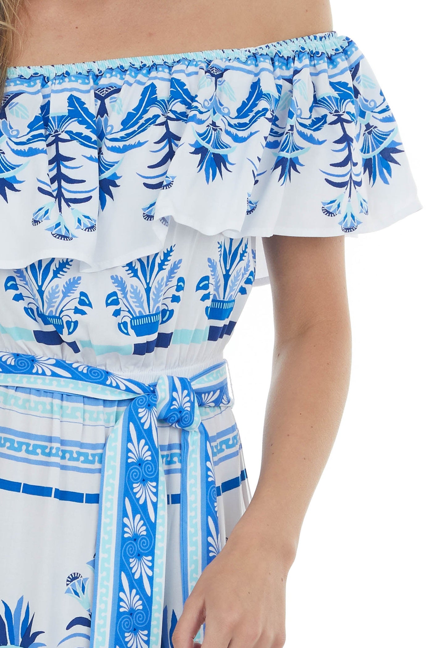 Off White Printed Off the Shoulder Maxi Dress