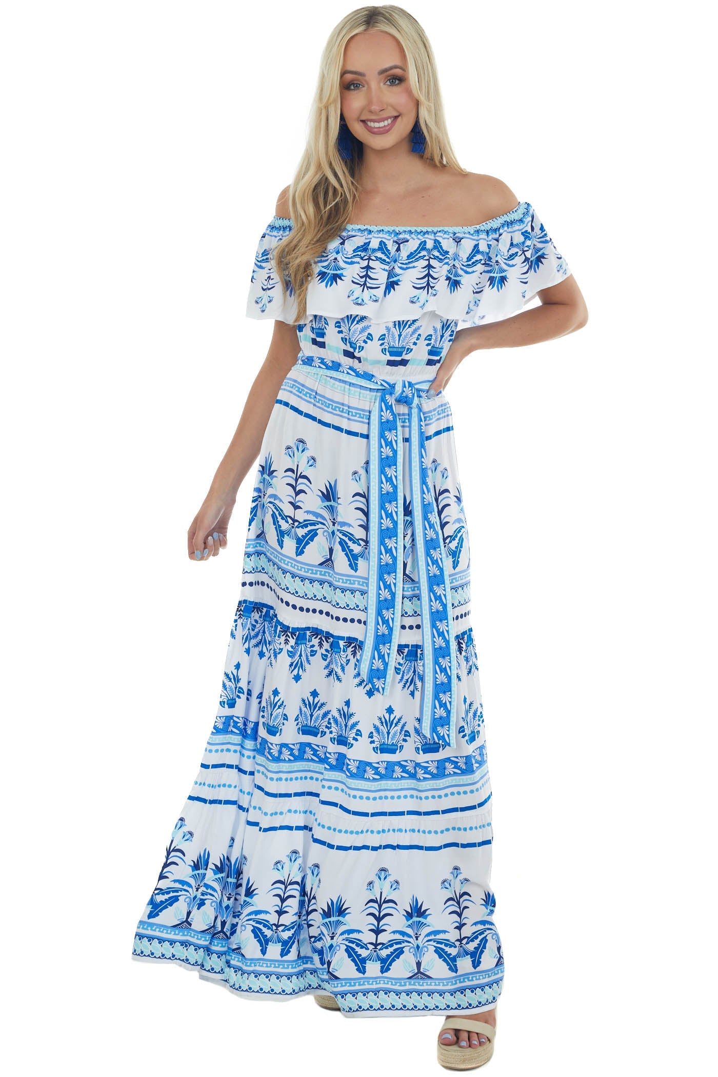 Off White Printed Off the Shoulder Maxi Dress