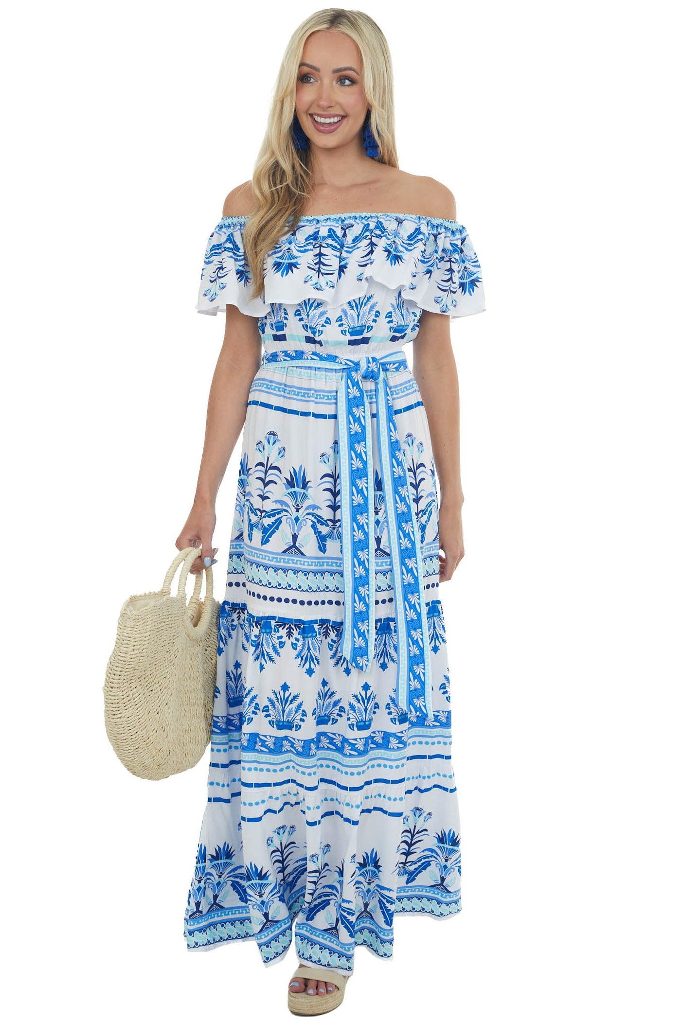 Off White Printed Off the Shoulder Maxi Dress