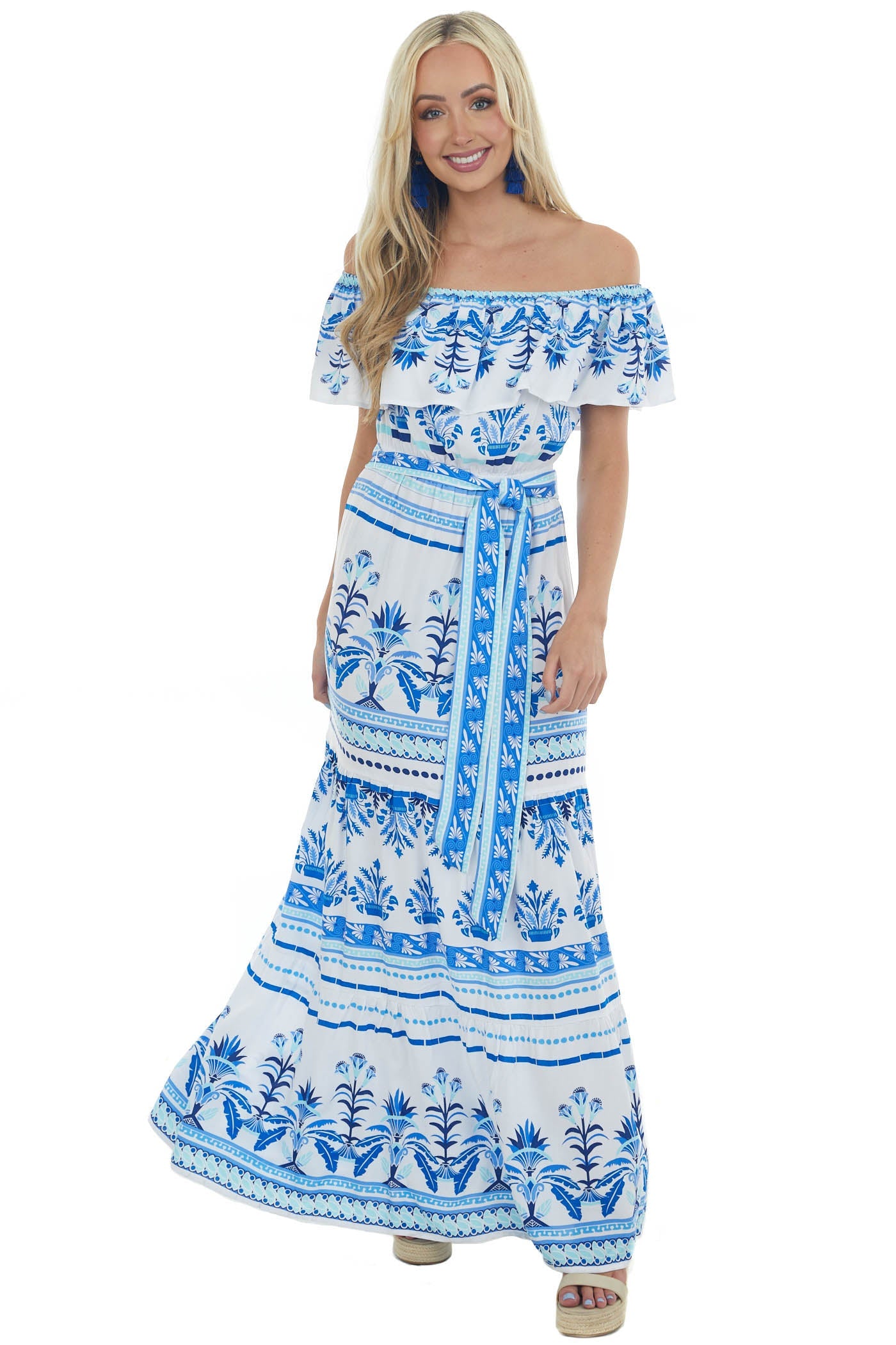 Off White Printed Off the Shoulder Maxi Dress