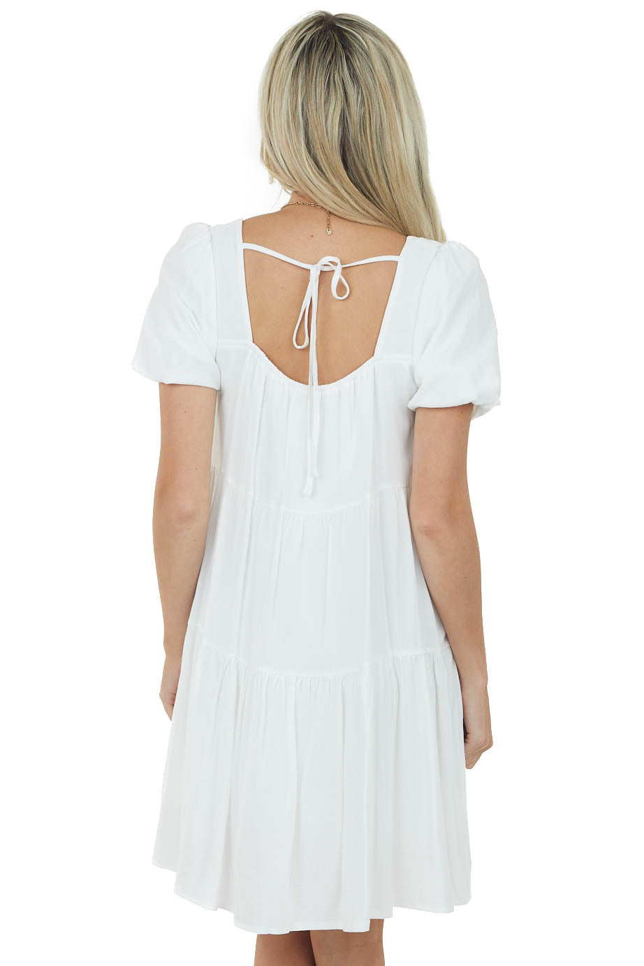 Off White Puff Sleeve Square Neck Tiered Dress