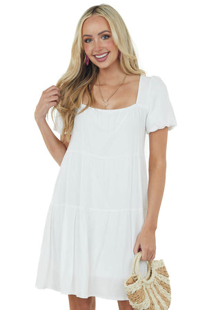Off White Puff Sleeve Square Neck Tiered Dress