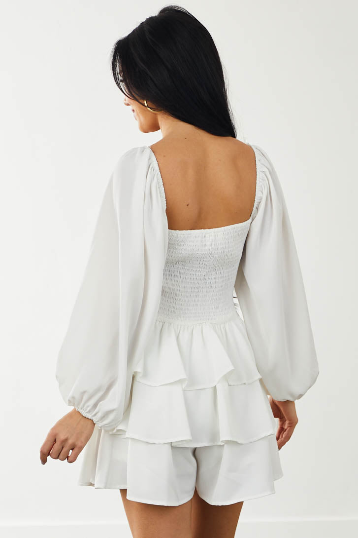 Off White Puff Sleeve Sweetheart Ruffle Romper
