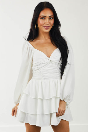 Off White Puff Sleeve Sweetheart Ruffle Romper
