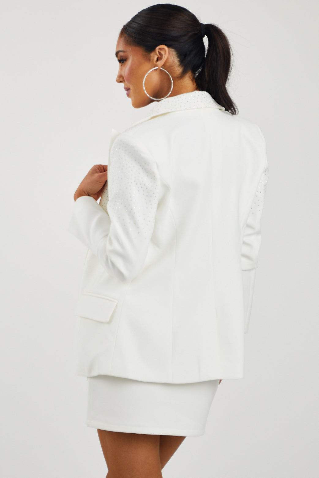 Off White Rhinestone Embellished Woven Blazer