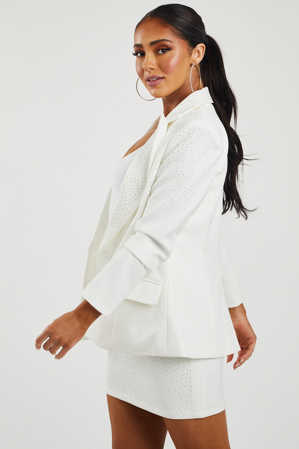 Off White Rhinestone Embellished Woven Blazer