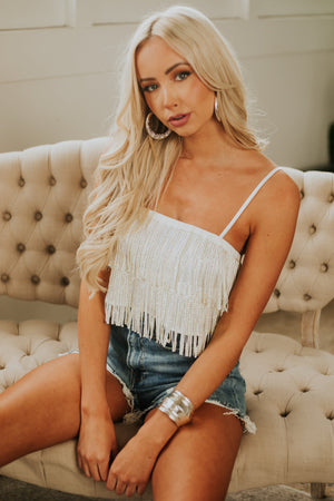 Off White Rhinestone Studded Fringe Cami Top