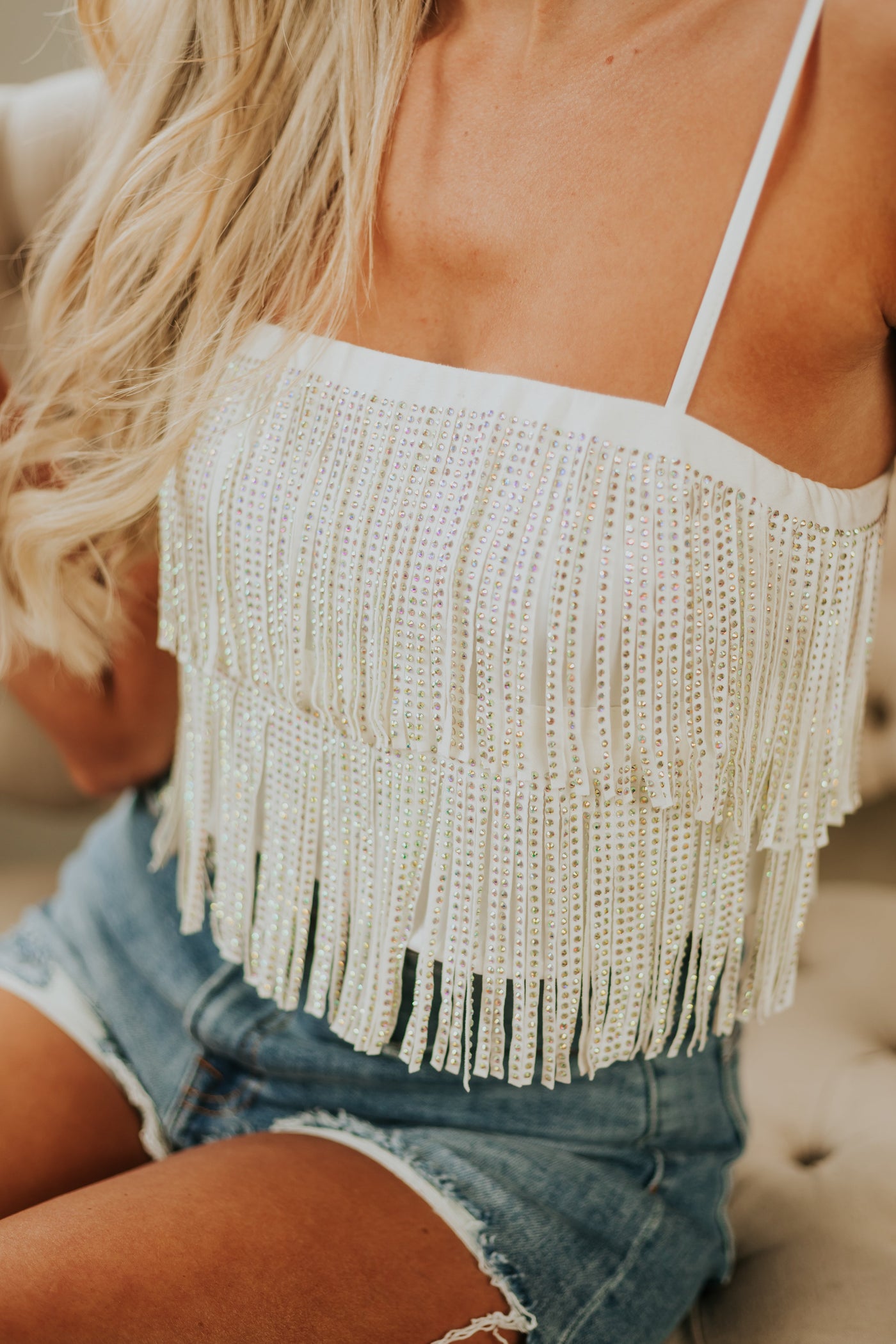Off White Rhinestone Studded Fringe Cami Top