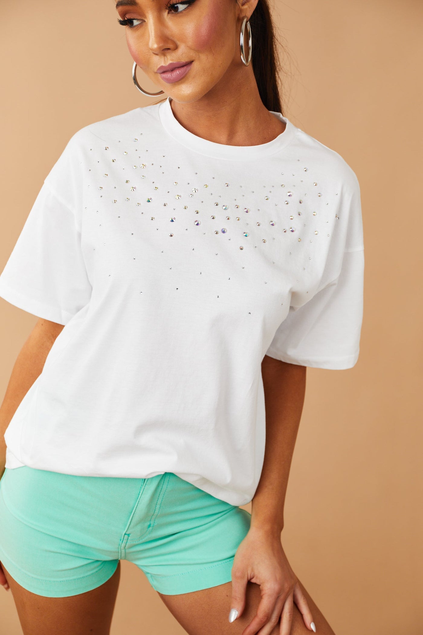 Off White Rhinestone Studded Short Sleeve Top