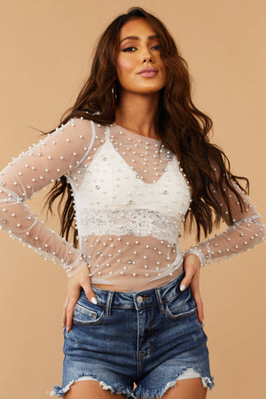 Off White Rhinestone and Pearl Embellished Mesh Top