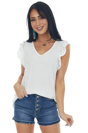 Off White Ribbed Ruffle Cap Sleeve Tie Back Top