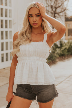 Off White Ruched Square Neck Babydoll Tank Top