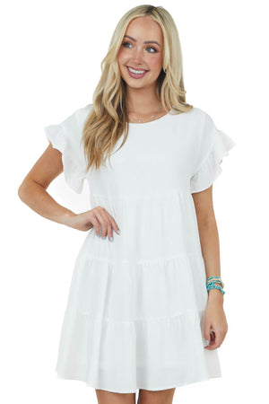 Off White Ruffle Sleeve Tiered Babydoll Dress