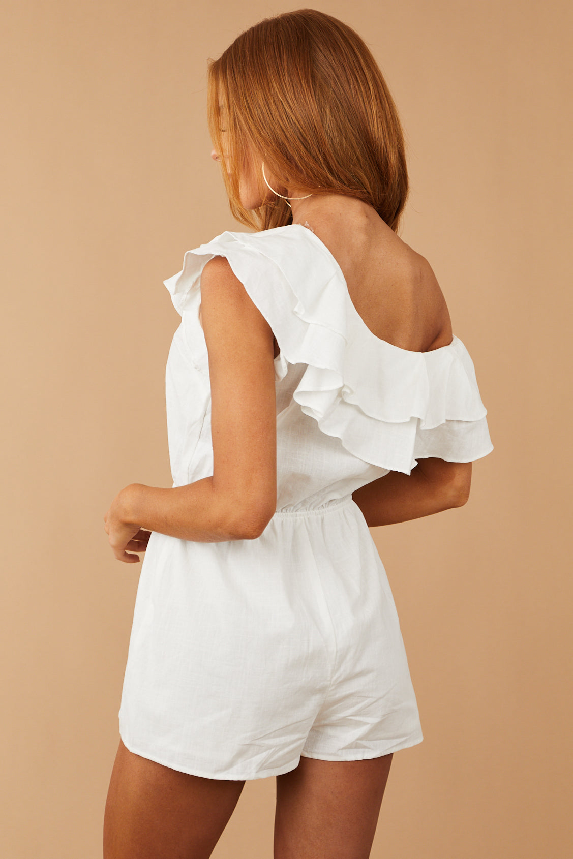 Off White Ruffled One Shoulder Woven Romper
